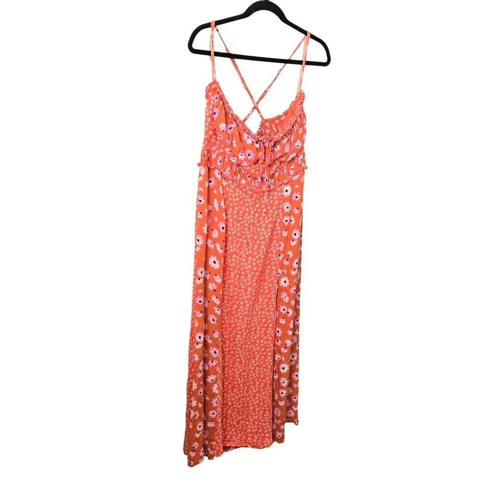 Free People Orange Floral Mixed Print Midi Dress XL, Boho‎ Cottagecore